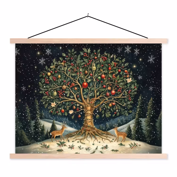 Feestboom - Winterhemel - Kleurrijk textielposter latten blank klein -3d
