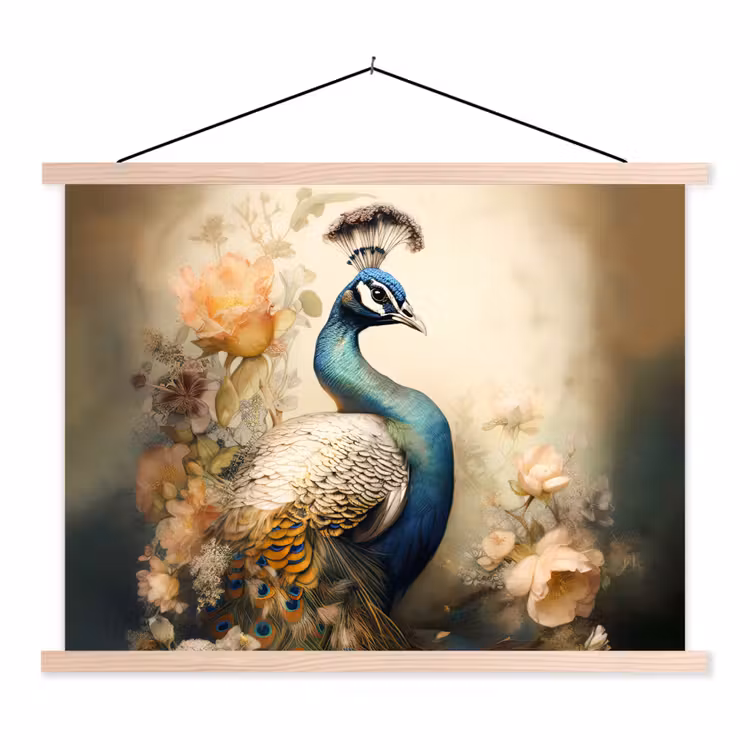 Pauw - Pauwenveren - Bloemen - Vogels - Botanisch textielposter latten blank klein -3d