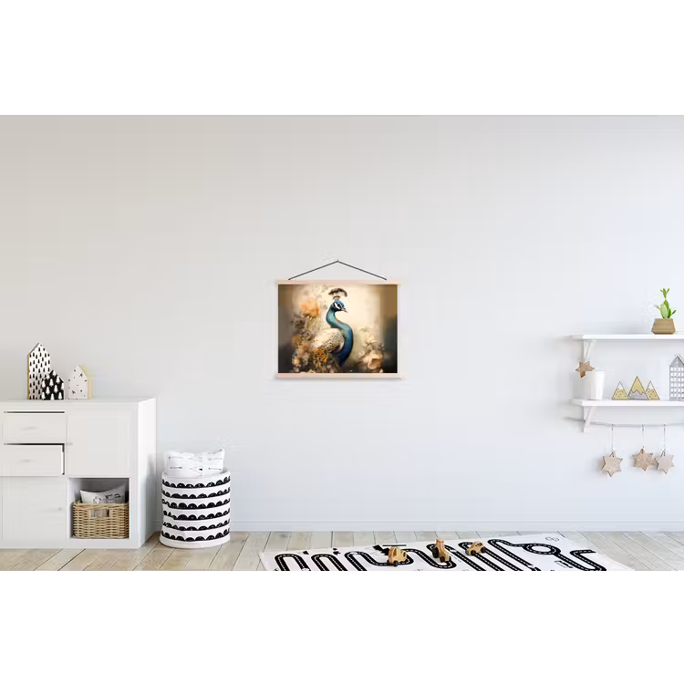 Pauw - Pauwenveren - Bloemen - Vogels - Botanisch textielposter latten blank klein -kinderkamer