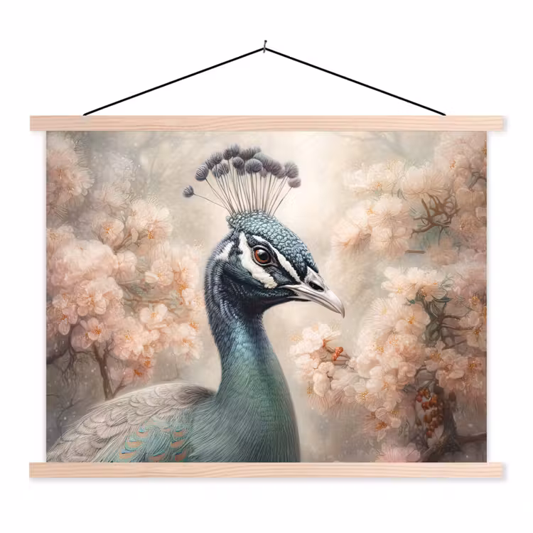 Pauw - Vogels - Bloemen - Boom - Botanisch textielposter latten blank klein -3d