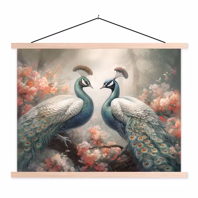 Pauwen - Pauwenveren - Vogels - Bloemen - Natuur textielposter latten blank klein -3d