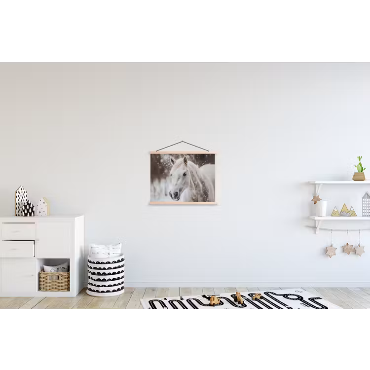 Paard - Wit - Winter - Natuur - Sneeuw - Dieren textielposter latten blank klein -kinderkamer