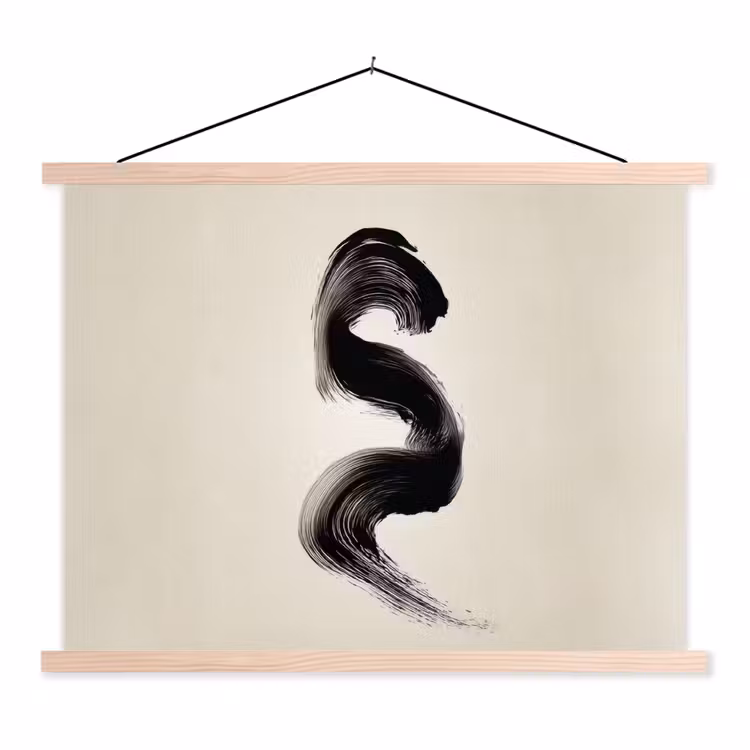 Penseelstreek - Zwart - Minimalistisch textielposter latten blank klein -3d