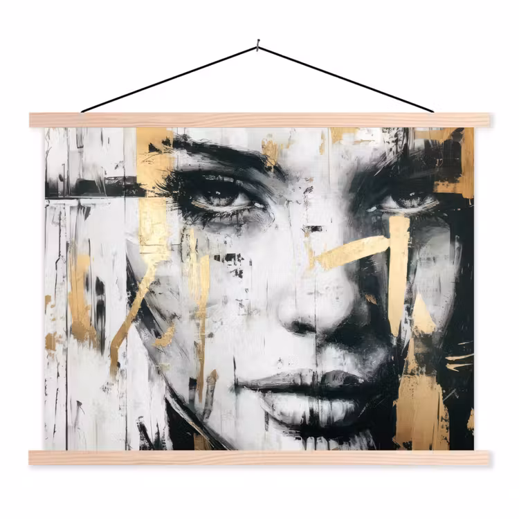 Portret - Vrouw - Penseelstreken - Goud textielposter latten blank klein -3d