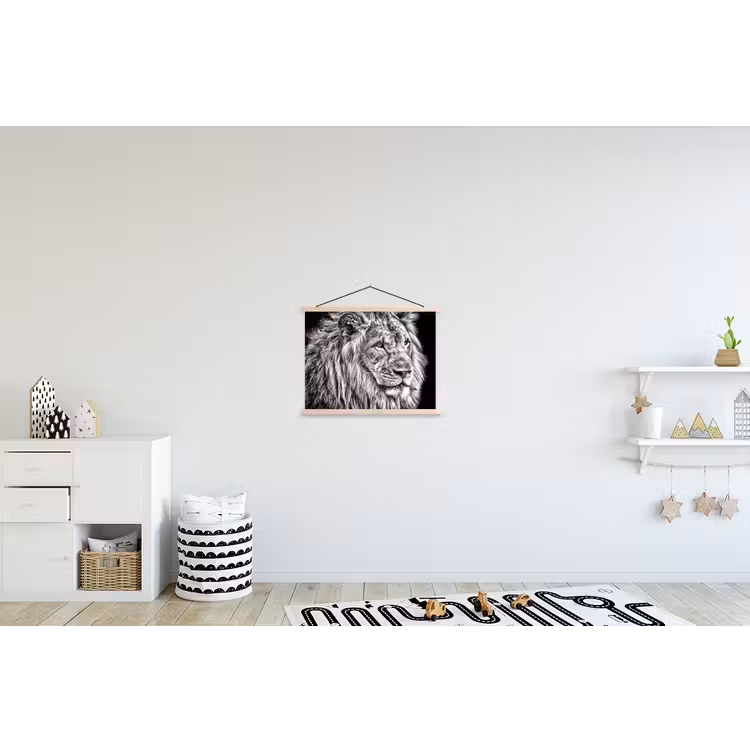 Portret - Leeuw - Zwart wit textielposter latten blank klein -kinderkamer
