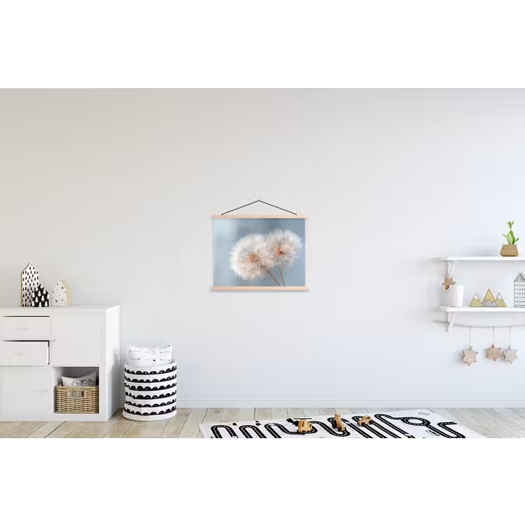 Paardenbloemen - Pluisjes - Wit textielposter latten blank klein -kinderkamer