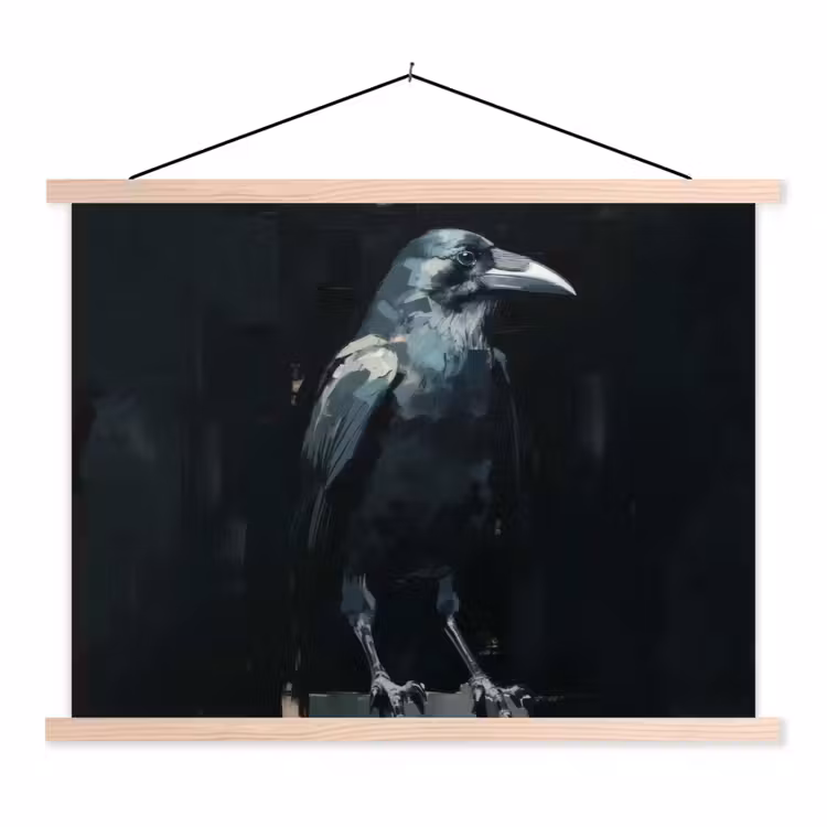 Raaf - Vogels - Zwart textielposter latten blank klein -3d
