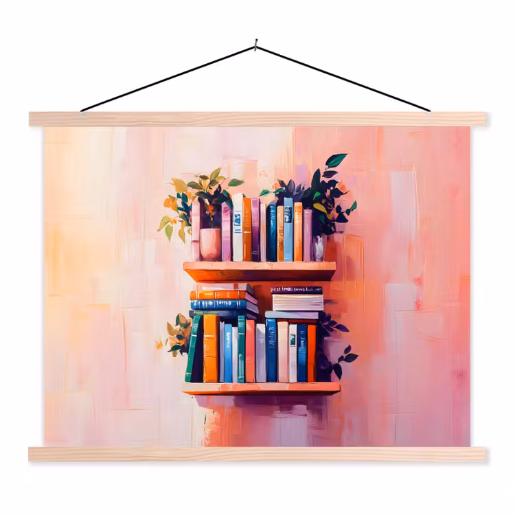 Planken - Boeken - Bladeren textielposter latten blank klein -3d