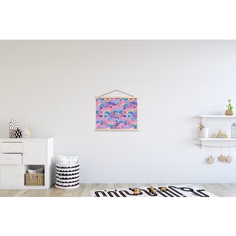 Regenbogen - Bloemen - Kleurrijk - Wolken textielposter latten blank klein -kinderkamer