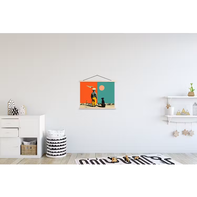 Retro - Jongen - Hond - Rood - Groen textielposter latten blank klein -kinderkamer