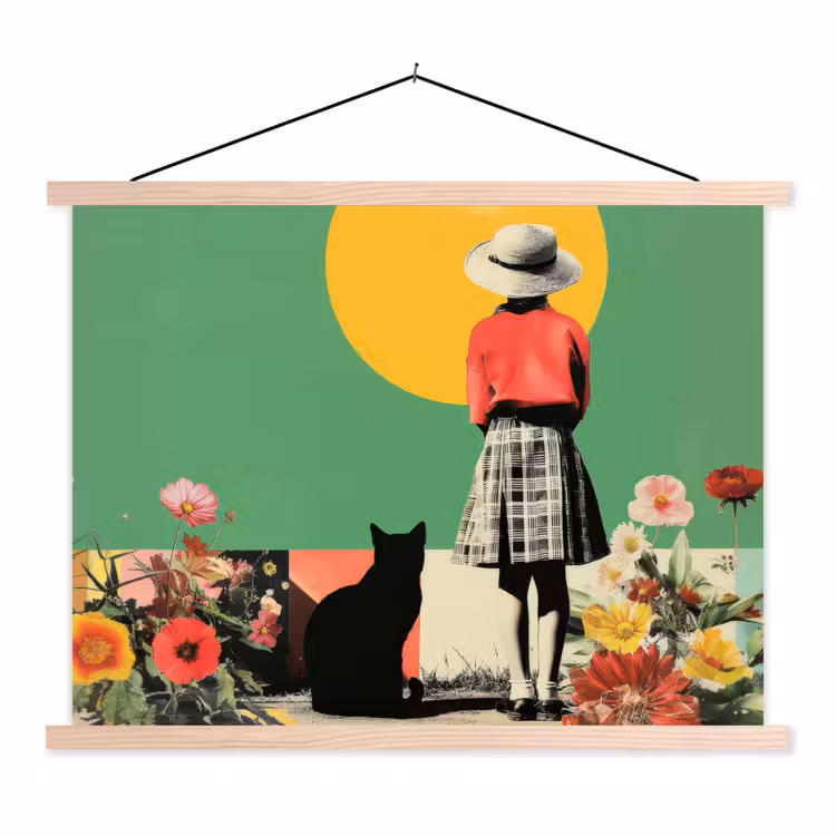 Retro - Meisje - Kat - Zon textielposter latten blank klein -3d