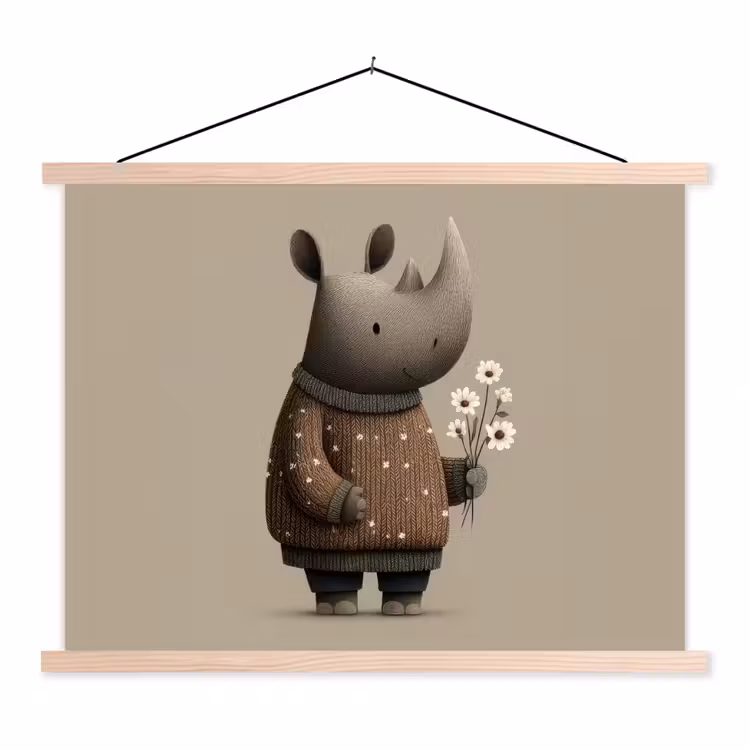 Neushoorn - Witte bloemen - Lief textielposter latten blank klein -3d