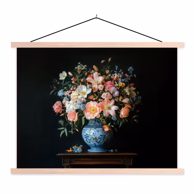 Roze - Bloemen - Vaas - Kleuren textielposter latten blank klein -3d