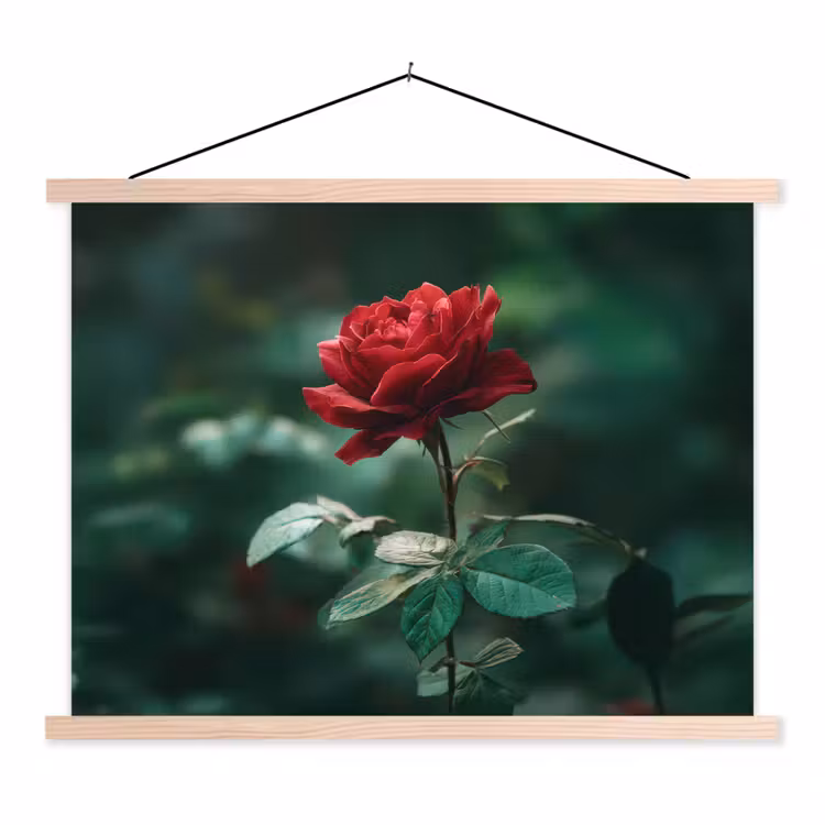 Roos - Bladeren - Dieprood textielposter latten blank klein -3d