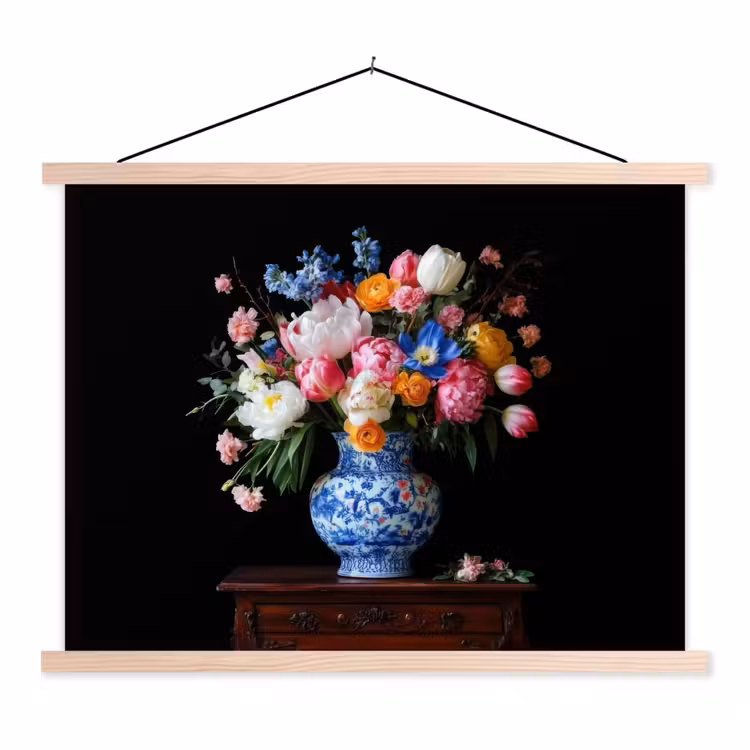 Rozen - Bloemen - Vaas - Boeket textielposter latten blank klein -3d