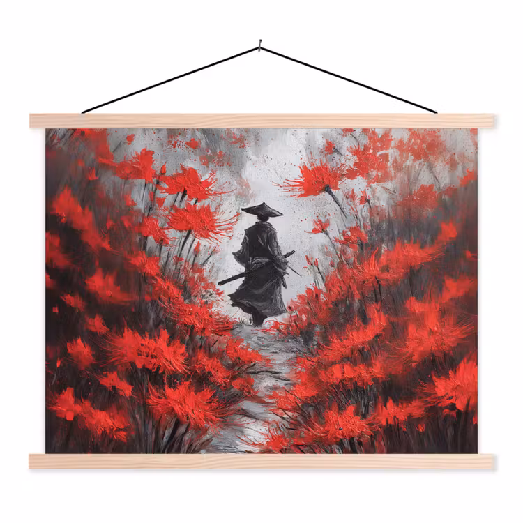 Rode bloemen - mistig - Man textielposter latten blank klein -3d