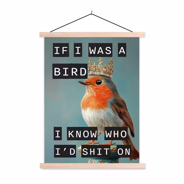 Roodborstje - Vogel - Blauw - Decoratie textielposter latten blank klein -3d