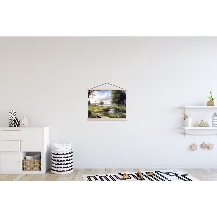 Zandpad - Groen landschap - Water textielposter latten blank klein -kinderkamer