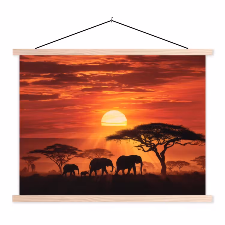 Savanne - Olifanten - Zonsondergang textielposter latten blank klein -3d