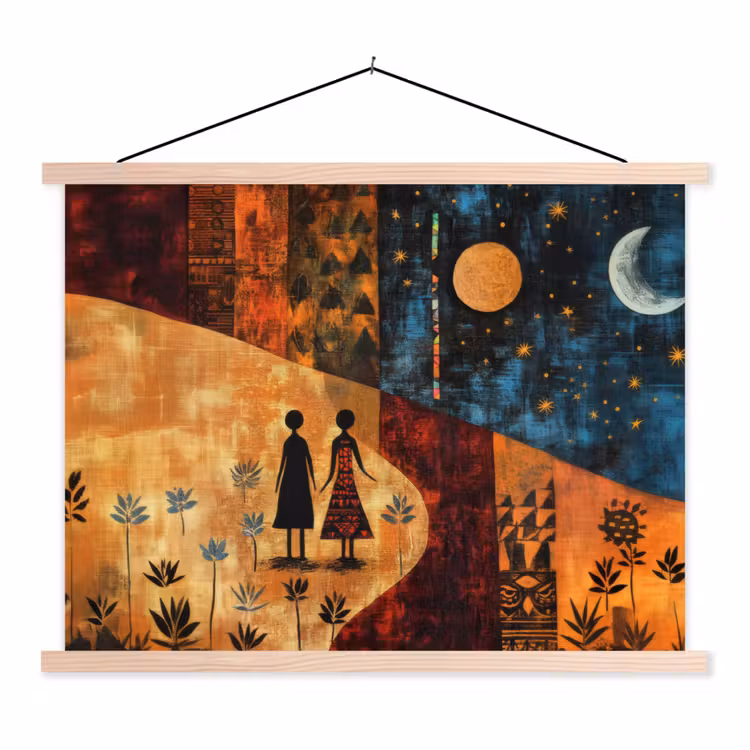 Silhouetten - Abstract - Zon - Maan textielposter latten blank klein -3d