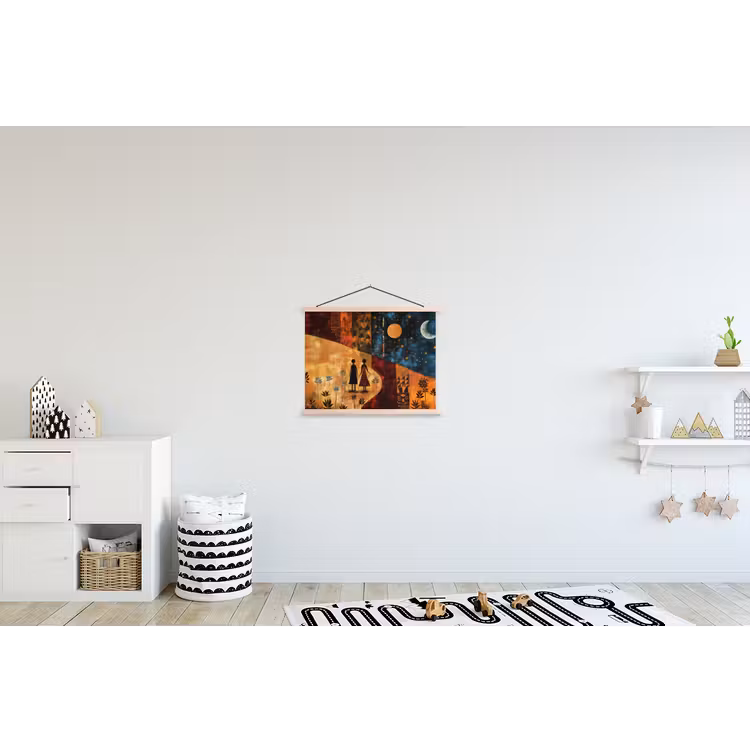 Silhouetten - Abstract - Zon - Maan textielposter latten blank klein -kinderkamer