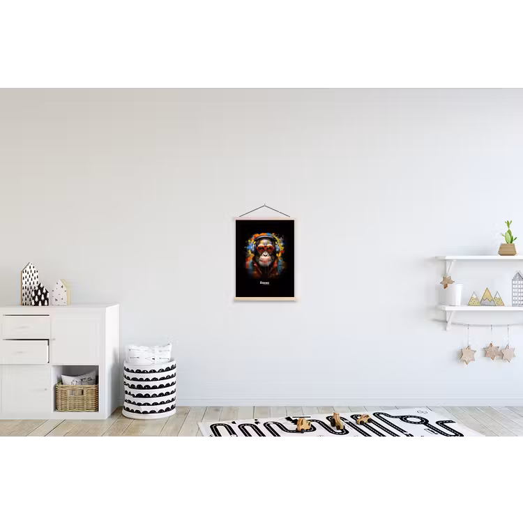 Chimpansee met koptelefoon en graffiti-spray textielposter latten blank klein -kinderkamer