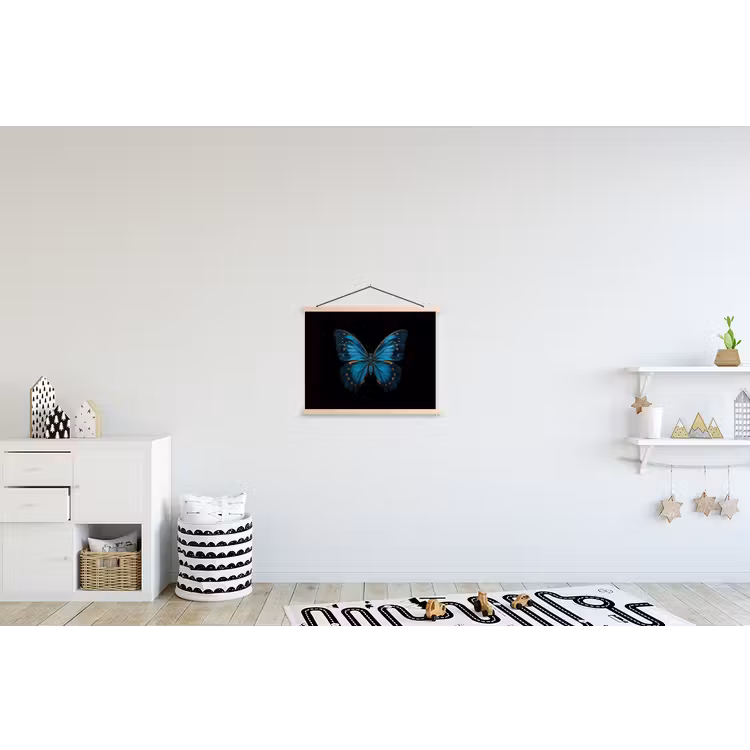Vlinder - Blauw - Contrast textielposter latten blank klein -kinderkamer