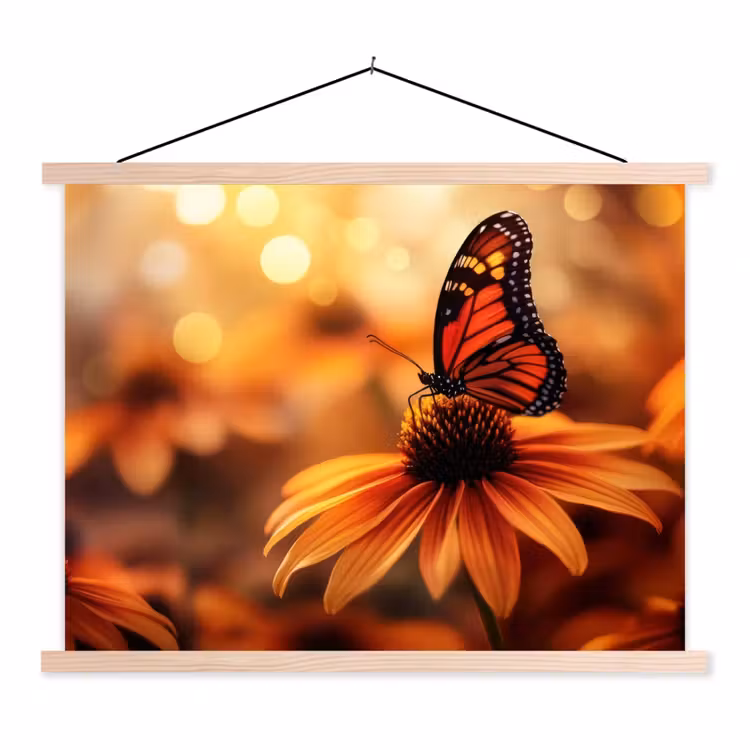 Vlinder - Bloemen - Oranje textielposter latten blank klein -3d