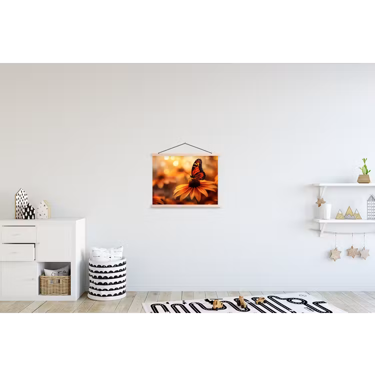 Vlinder - Bloemen - Oranje textielposter latten blank klein -kinderkamer