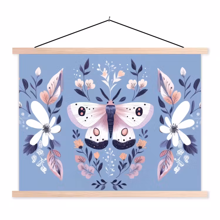 Vlinder - Vleugels - Stippen - Bloemen textielposter latten blank klein -3d