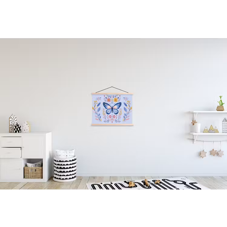 Vlinder - Lichtblauw - Sierlijk - Bloemen textielposter latten blank klein -kinderkamer