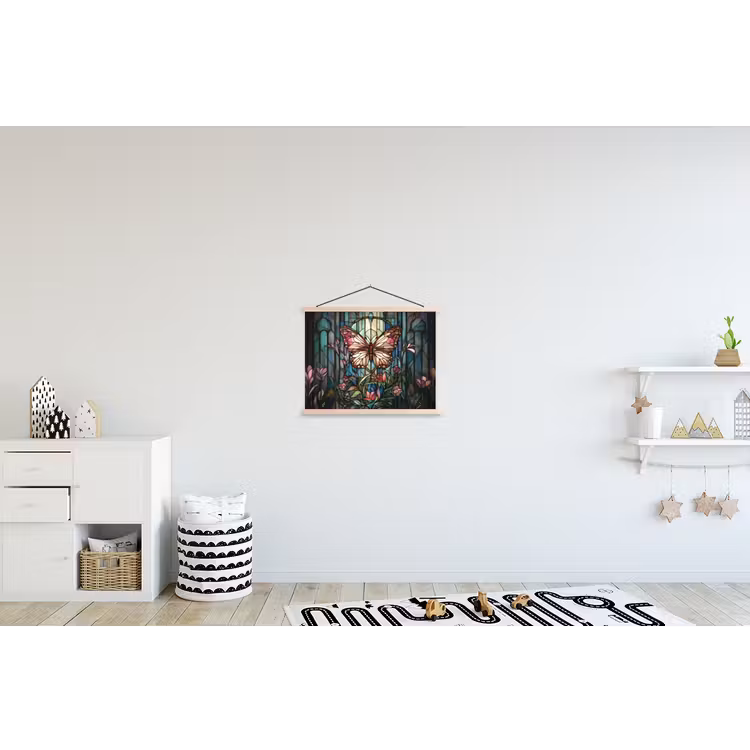 Vlinder - Roze - Bloemen - Bladeren textielposter latten blank klein -kinderkamer