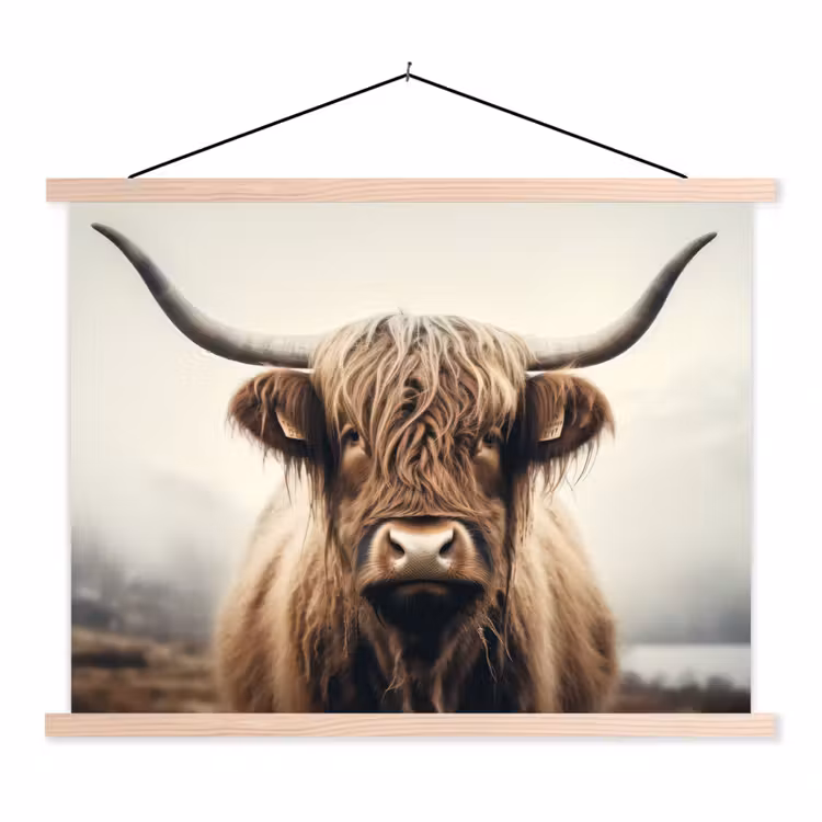 Schotse hooglander - Hoorns - Landschap textielposter latten blank klein -3d