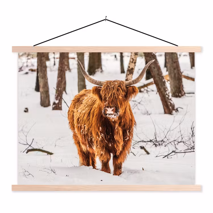 Schotse Hooglander - Sneeuw - Winter - Natuur - Dieren textielposter latten blank klein -3d