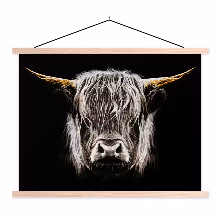 Schotse hooglander - Goud - Hoorns - Zwart wit - Koe - Dieren textielposter latten blank klein -3d
