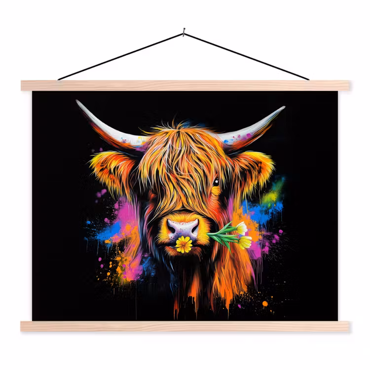 Schotse Hooglander - Graffiti - Kleurrijk - Bloem - Dieren textielposter latten blank klein -3d