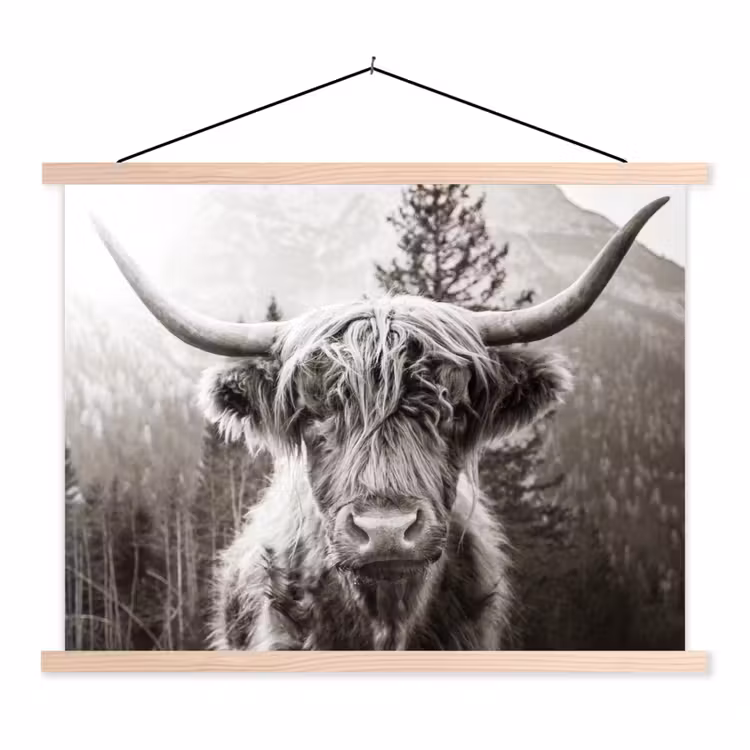 Schotse hooglander - Koe - Dieren - Zwart - Wit textielposter latten blank klein -3d