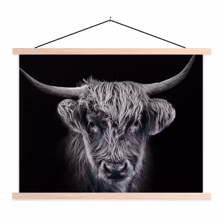 Schotse hooglander - Zwart - Koe - Dieren textielposter latten blank klein -3d