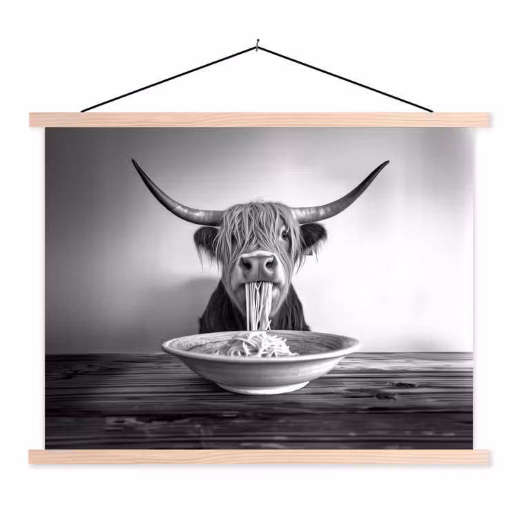 Schotse Hooglander - Spaghetti - Dieren - Zwart wit textielposter latten blank klein -3d