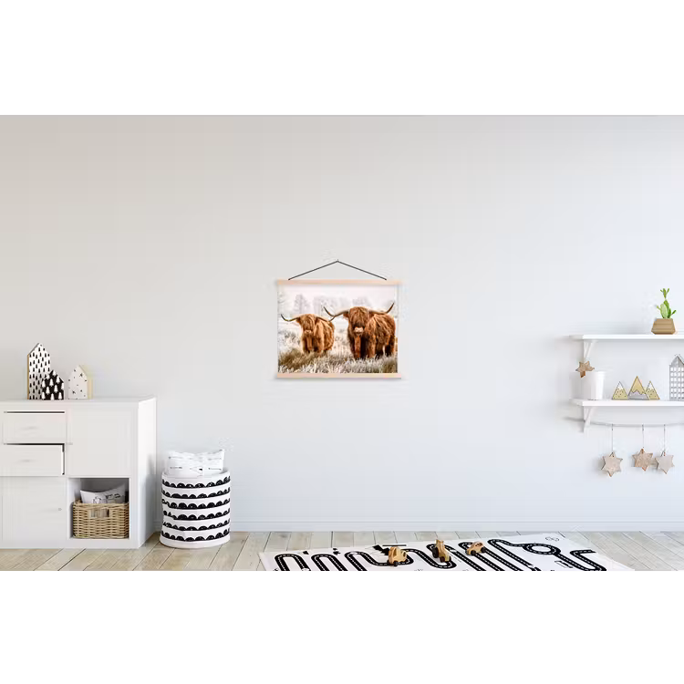 Schotse hooglander - Koe - Natuur - Winter textielposter latten blank klein -kinderkamer