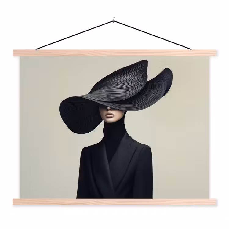 Zwart - Vrouw - Hoed textielposter latten blank klein -3d