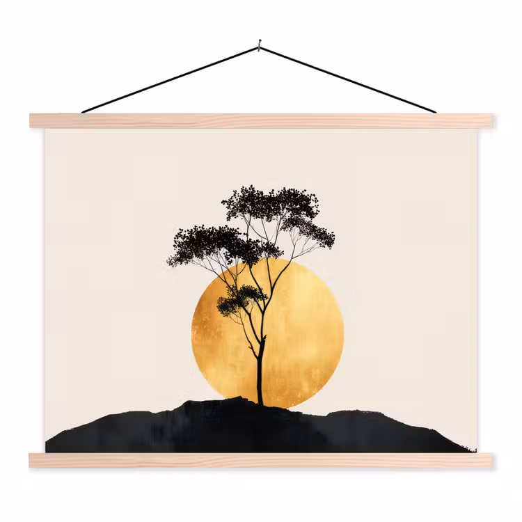 Zwarte boom - Gouden cirkel - Heuvel textielposter latten blank klein -3d