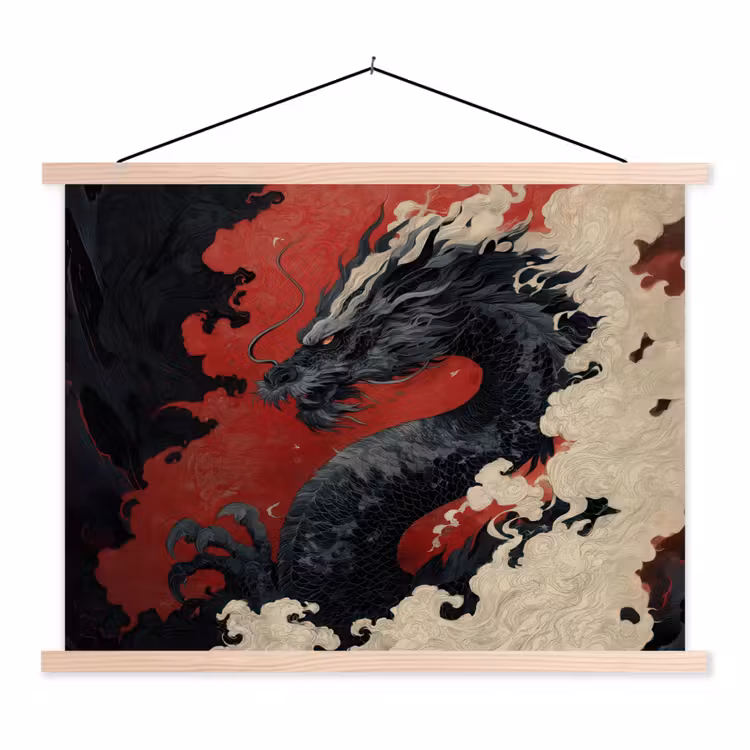 Zwarte draak - Rookwolken - Rood textielposter latten blank klein -3d