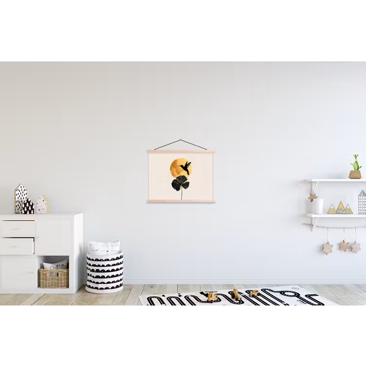 Zwarte kolibrie - Bloem - Gouden cirkel textielposter latten blank klein -kinderkamer