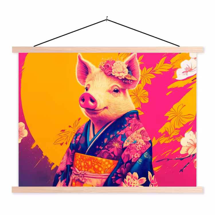 Varken - Bloemkroon - Kimono - Abstract textielposter latten blank klein -3d
