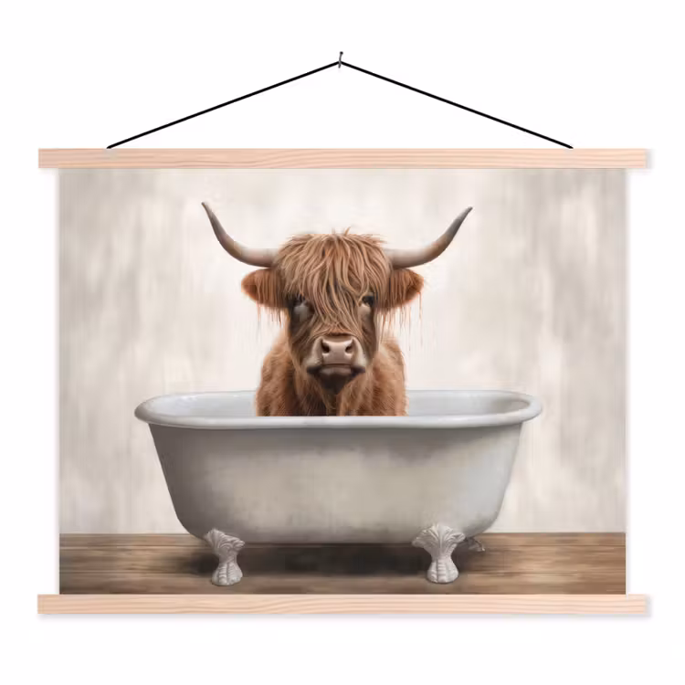 Schotse hooglander - Bad - Badkamer - Badkuip - Bruin - Horens textielposter latten blank klein -3d