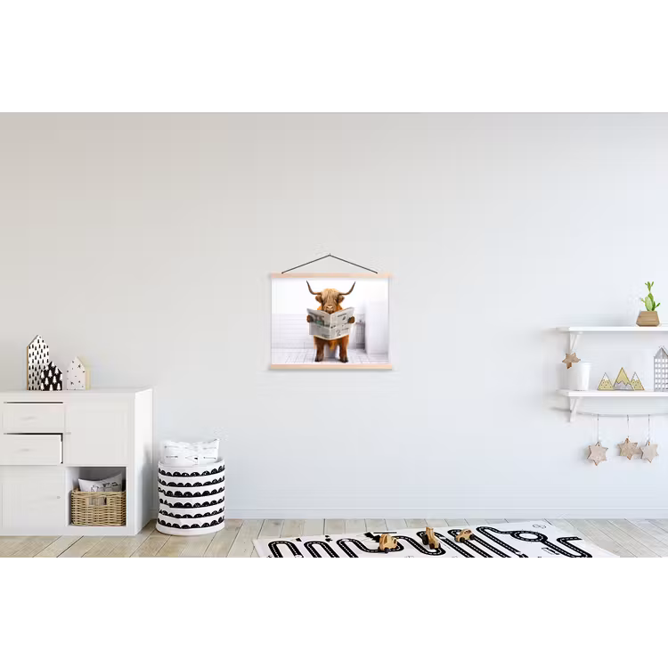 Schotse hooglander - Krant - Toilet - WC - Wit - Koe textielposter latten blank klein -kinderkamer