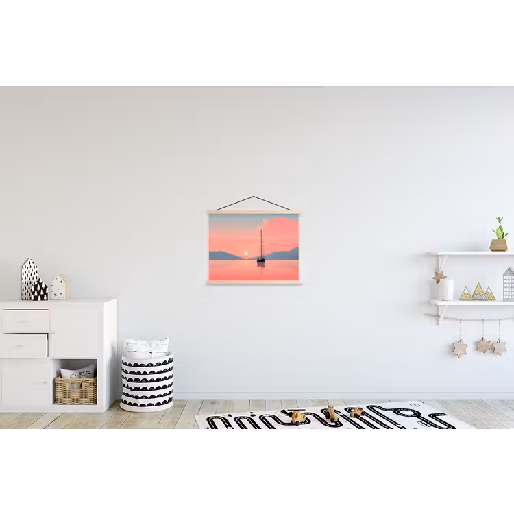 Zeilboot - Roze zee - Zonsondergang - Bergen textielposter latten blank klein -kinderkamer