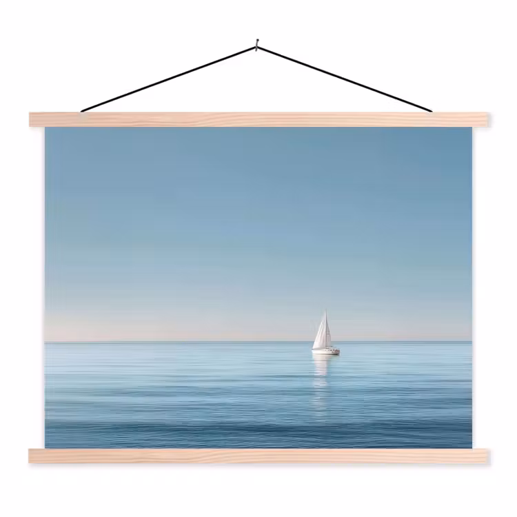 Zeilbootje - Kalme zee - Helderblauwe hemel textielposter latten blank klein -3d