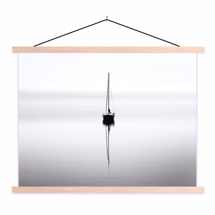 Zeilboot - Zwart - Water - Silhouet textielposter latten blank klein -3d